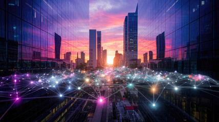 Fototapeta premium A stunning sunset over a modern cityscape, showcasing a vibrant network of digital connections across skyscrapers, blending technology and urban life.