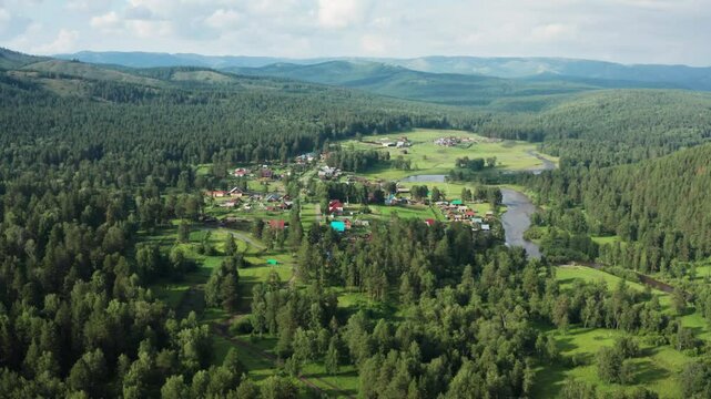 Southern Urals, the central estate of the Bashkir State Nature Reserve - Sargaya village. Aerial view.