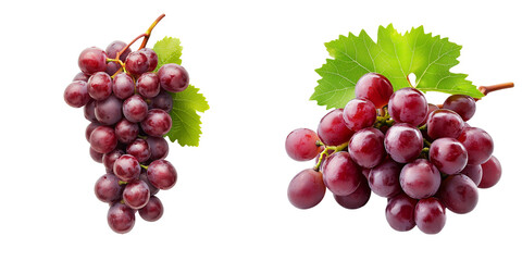 Obraz premium set of Fresh red grapes with green leaves on a transparent background