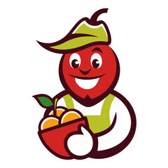Retro fruit vendor mascot logo, holding a basket of fresh, vintage-style fruits