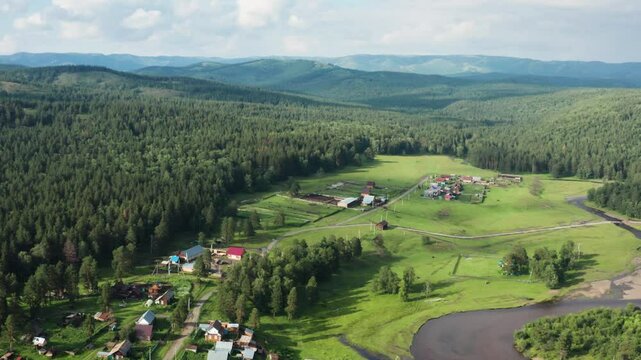 Southern Urals, the central estate of the Bashkir State Nature Reserve - Sargaya village. Aerial view.