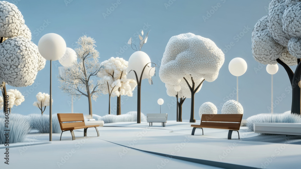 Wall mural Minimalist 3D model of a city park with tall trees and benches