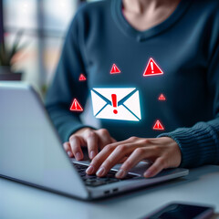 A concerned individual types on a laptop, with warning icons indicating potential virus threats from emails. For cybersecurity articles, online safety campaigns, and tech awareness resources