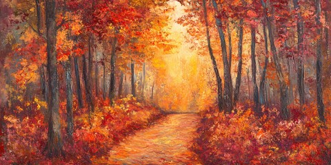 Obraz premium Autumnal Forest Path - A Painting of Golden Sunlight Through Red Trees