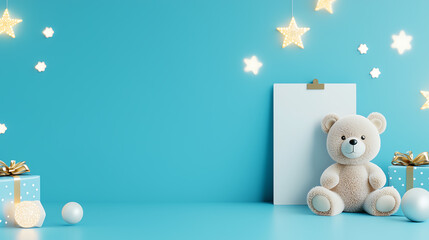 Baby bear with blank white board, festive winter decor, 3D illustration