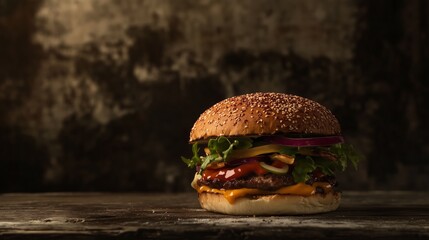 Enjoy a delicious cheeseburger made with fresh, highquality ingredients in a rustic setting