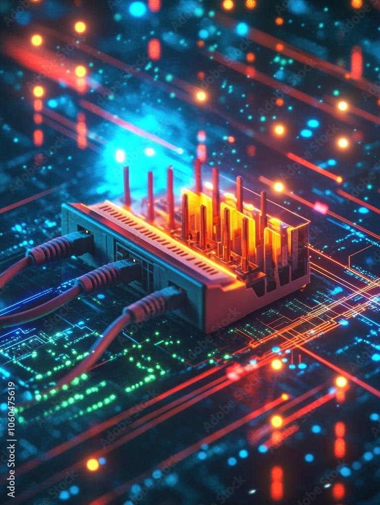 Poster a network router is illuminated by glowing lines and cables, highlighting the dynamic flow of data i