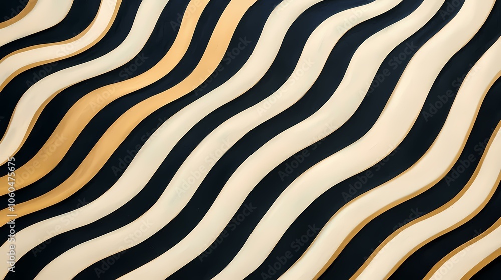 Poster the image contains an abstract pattern of black, white and gold, wavy lines.