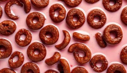 Chocolate cheerios in strawberry flavoured milk 