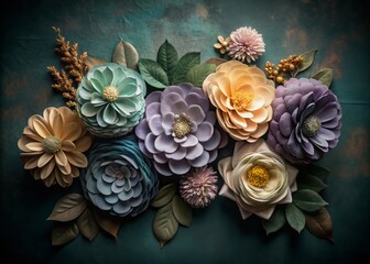 Colorful pastel paper flowers beautifully arranged against a teal backdrop, perfect for conceptual photography, creating a striking visual contrast and inviting artistic exploration.
