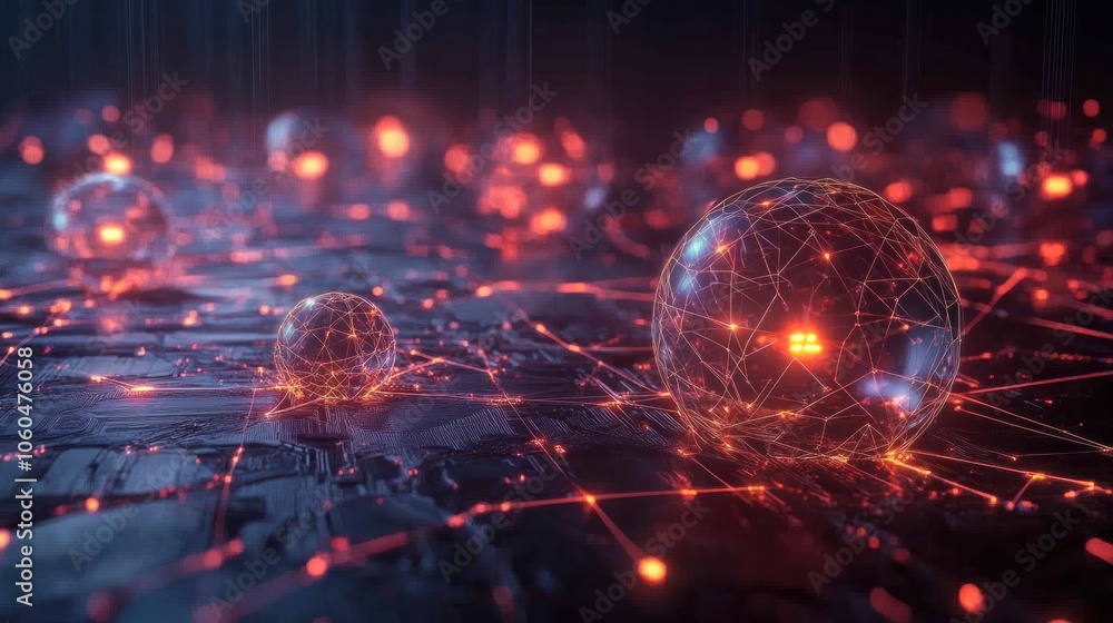 Poster interconnected blockchain nodes, showcasing a vibrant network of glowing lines and geometric shapes.
