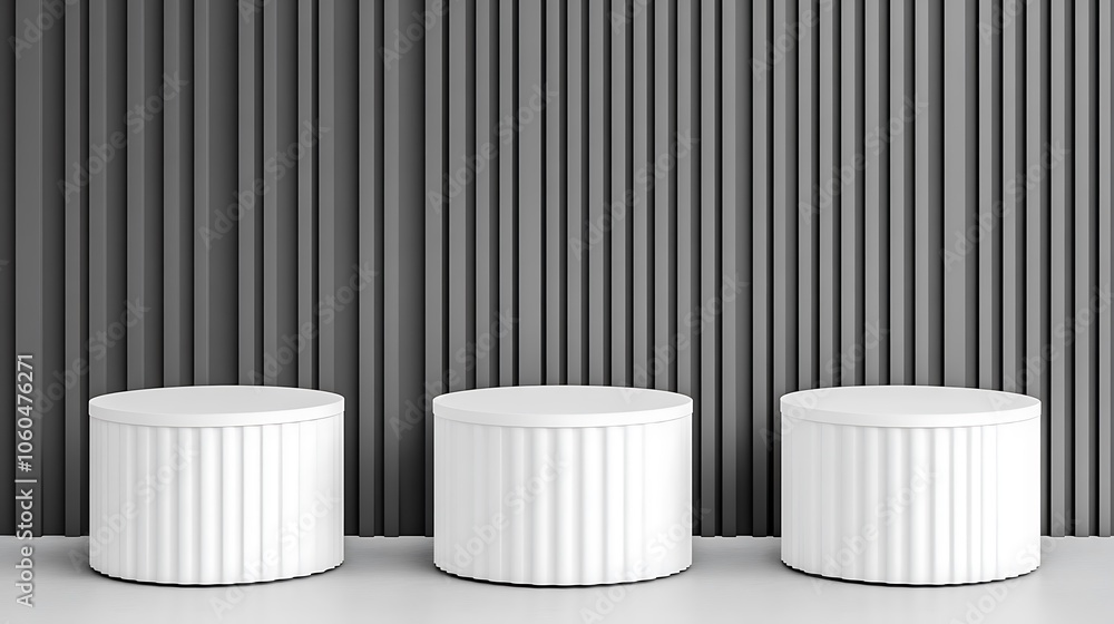 Poster white cylindrical platforms on grey wall plain textured background for web design and copy