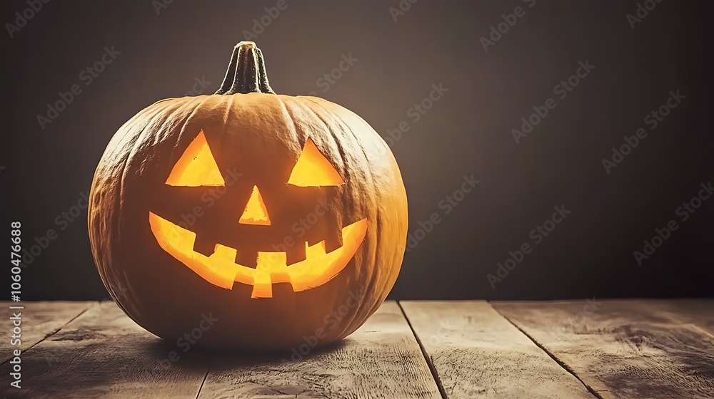 Aufkleber spooky jack o lantern on wooden surface subtle blur background with space for custom text