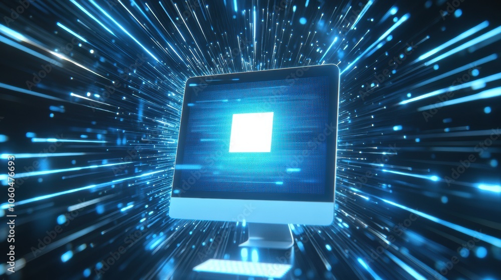 Fototapete A computer monitor showcases a prominent protection icon while blue light rays radiate from its center, creating a vibrant atmosphere. Generative AI