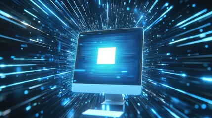 A computer monitor showcases a prominent protection icon while blue light rays radiate from its center, creating a vibrant atmosphere. Generative AI