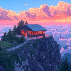 Fototapeta premium Mountaintop Cabin with Stunning Pink Sunset Clouds.