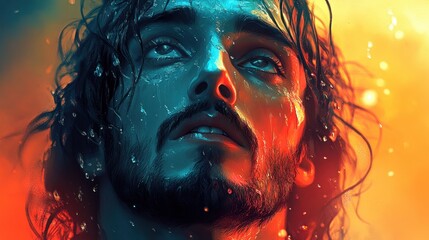 A contemplative Jesus gazes upward amidst a dramatic splash of vibrant colors and cascading droplets in a dreamlike atmosphere