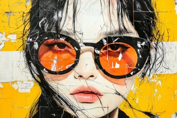 Stylish woman with orange sunglasses and artistic background.