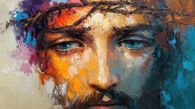 A striking portrait of a Jesus face adorned with a crown of thorns, showcasing profound emotion and vivid colors