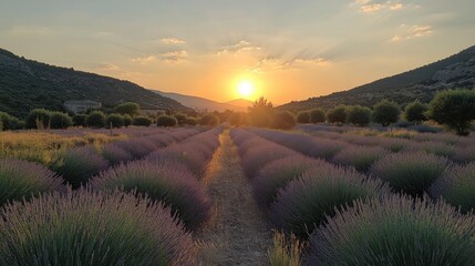 The Lavender farm in Aegean Region, Turkey with setting sun giving sunburst from behind a mountain