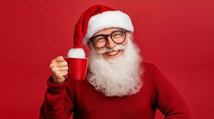 A cheerful Santa Claus, holding a festive mug, is set against a vibrant red background