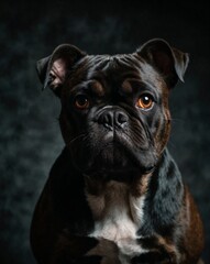 Obraz premium professional photo of black bulldog front view in a dark background small dog