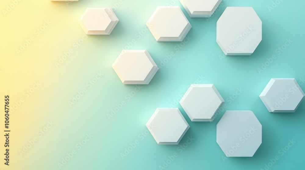 Poster a minimalist design showcasing a series of white hexagons set against a gradient background of light