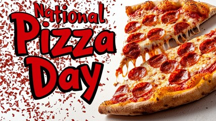 Delicious pepperoni pizza with National Pizza Day text on a bright background.