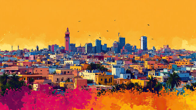 Monastir, Tunisia, Pop Art style theme print. Cityscape, city skyline.Vibrant, bright, modern, trendy, graphic designed for poster, card, wallpaper
