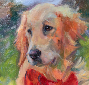 Dipinto realistico di cucciolo di golden retriever di profilo su sfondo astratto naturale sui toni del viola scuro e verde con pennellate istintive e colori accesi e vividi