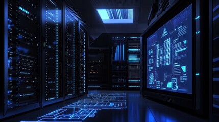 A modern server room filled with sleek, black server racks illuminated by blue LED lights. In the foreground,