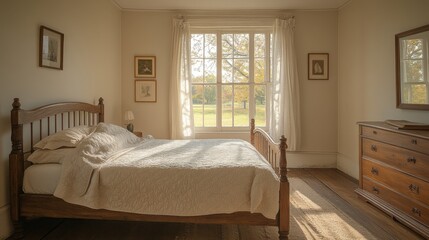 A sunlit bedroom with a wooden bed, soft linens, and a view of nature shining through large windows