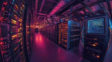 A modern server room filled with sleek, black server racks illuminated by blue LED lights. In the foreground,