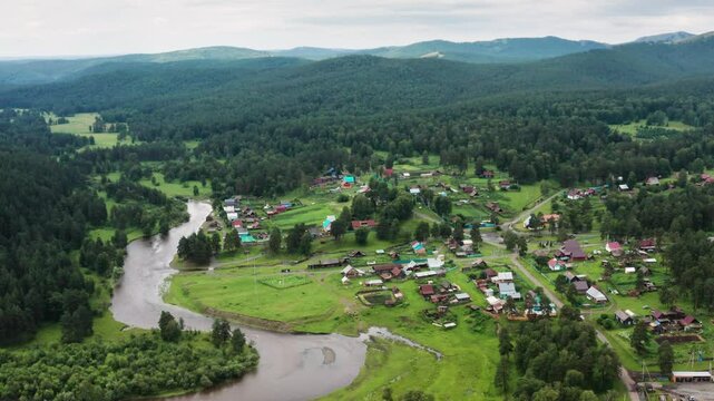 Southern Urals, the central estate of the Bashkir State Nature Reserve - Sargaya village. Aerial view.