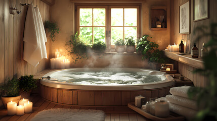 Fototapeta premium The bathroom is warm and inviting. There is steaming water in the tub and candles emitting soft, twinkling light. The wooden rack holds fluffy towels, and the door is hung with cozy bathrobes.