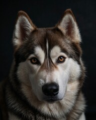 Obraz premium professional photo of siberian husky front view in a dark background trained dog