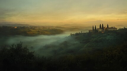 Tuscany landscape at sunrise with low fog 
