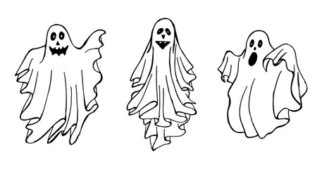 Hand-drawn black outline doodle Halloween spooky cartoon ghost.