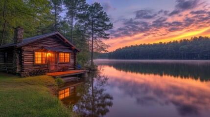 Obraz premium A tranquil evening by the lake with a cozy log cabin reflecting the vibrant sunset in the serene waters of a secluded woodland retreat
