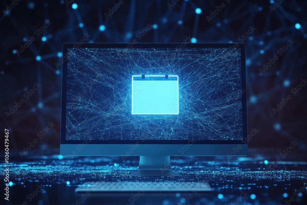 Poster A vibrant computer screen showcases a protection icon against a backdrop of digital networks, emphasizing cybersecurity in action. Generative AI