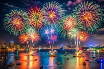 fireworks over the sea Set of firecracker icons for Anniversary, New year, Celebrate, Festival. Flat design on black background.