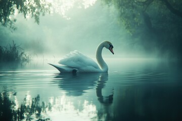 Fototapeta premium Serene Swan Gliding Through Misty Waters