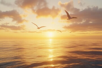 Serene Sunset Over Calm Ocean Waters with Birds
