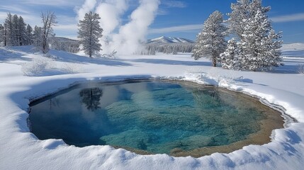 Discovering a tranquil hot spring surrounded by snow-covered landscapes and distant geysers during a serene winter day in Yellowstone National Park