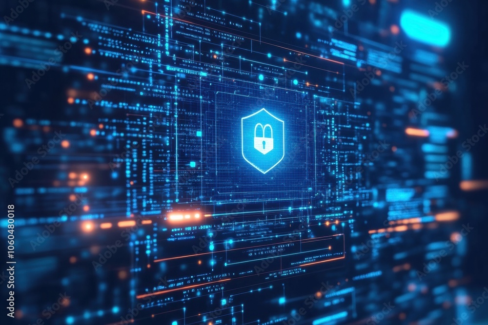 Aufkleber A protection icon appears on a computer screen, surrounded by intricate digital circuitry, highlighting cybersecurity measures in a modern workspace. Generative AI
