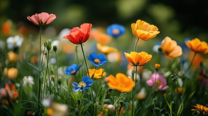 Fototapeta premium A vibrant meadow blooms with a kaleidoscope of wildflowers under the warm sunlight of a spring afternoon