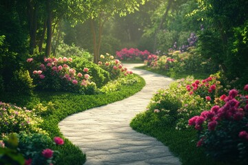 Serene Garden Pathway with Colorful Flowers