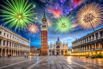 fireworks over the cathedral country Set of firecracker icons for Anniversary, New year, Celebrate, Festival. Flat design on black background.