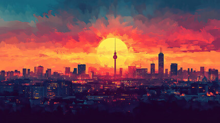 Fototapeta premium Munich, Germany, Pop Art style theme print. Cityscape, city skyline.Vibrant, bright, modern, trendy, graphic designed for poster, card, wallpaper