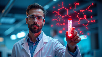 Researcher in laboratory observes illuminated test tube while holograms of chemical formulas float around it. Scientist in laboratory holding test tube with chemical formula projected.